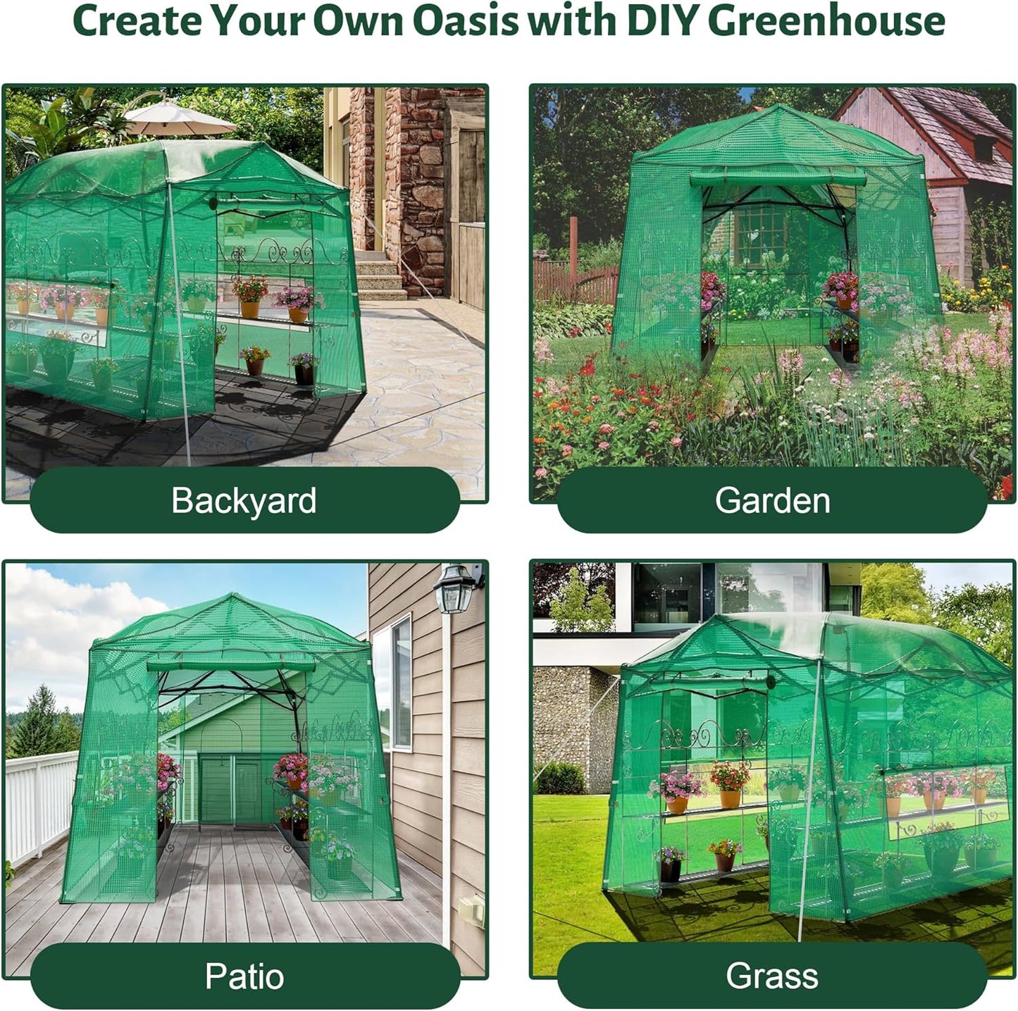 8.5 x 7 FT Walk-in Greenhouse, Portable Pop-up Green House 3 Adjustable Hights Heavy Duty Plant Gardening Canopy with Durable PE Cover for Indoor Outdoor (Clear and Green)