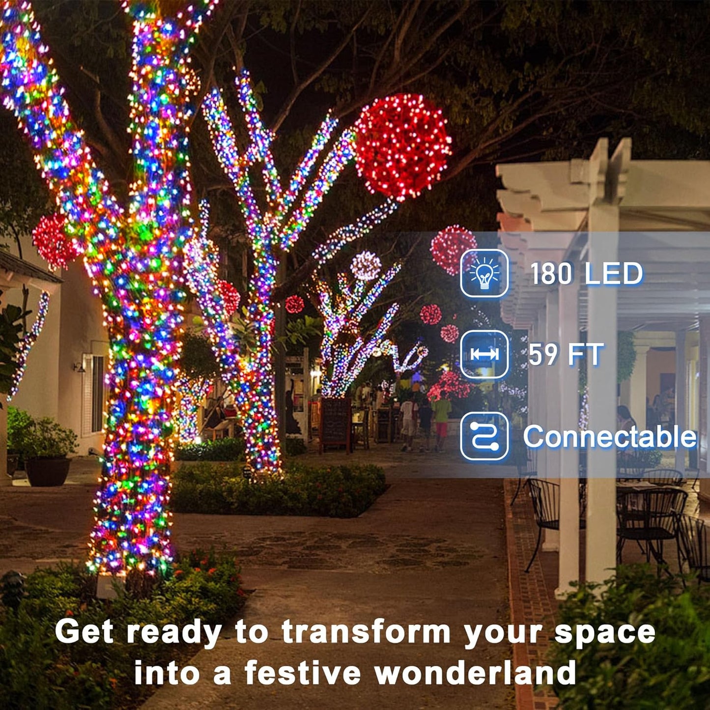 180 LED 59ft Christmas String Lights Indoor Outdoor, 8 Modes Christmas Fairy Lights with Timer & Momory, IP44 Waterproof Christmas Tree Lights for Xmas Patio Yard Fence Balcony Garden (Multicolor)