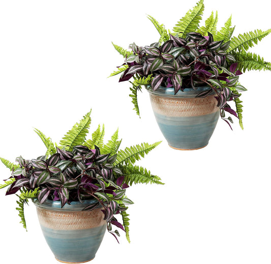 Sunnydaze Purlieu 12-Inch Outdoor/Indoor Ceramic Planters - Set of 2 -Shoreline