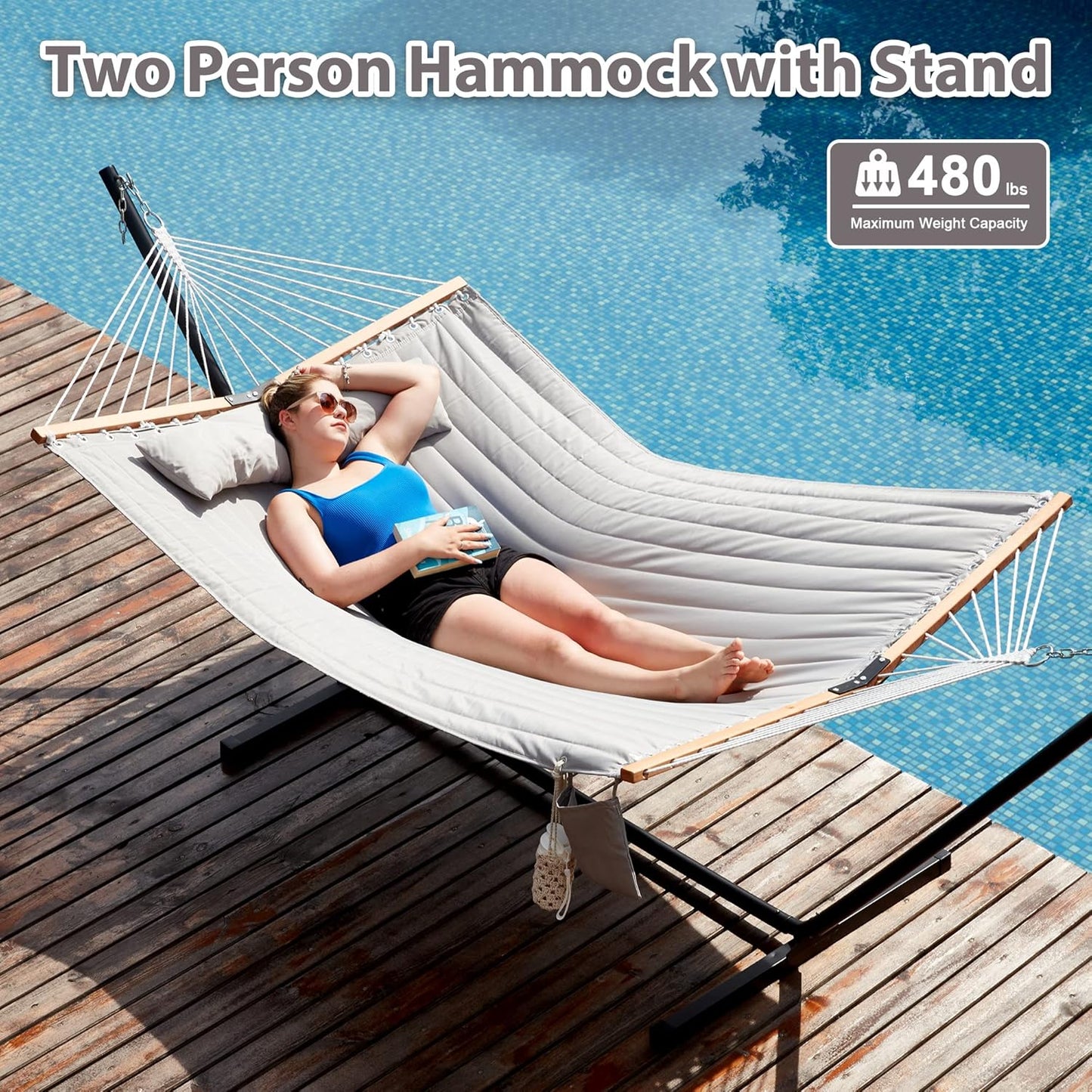Two Person Hammock with Stand Heavy Duty, Outdoor Patio Hammock with Portable Steel Stand, Large Double Hammocks,480lbs Capacity.(Middle Grey)