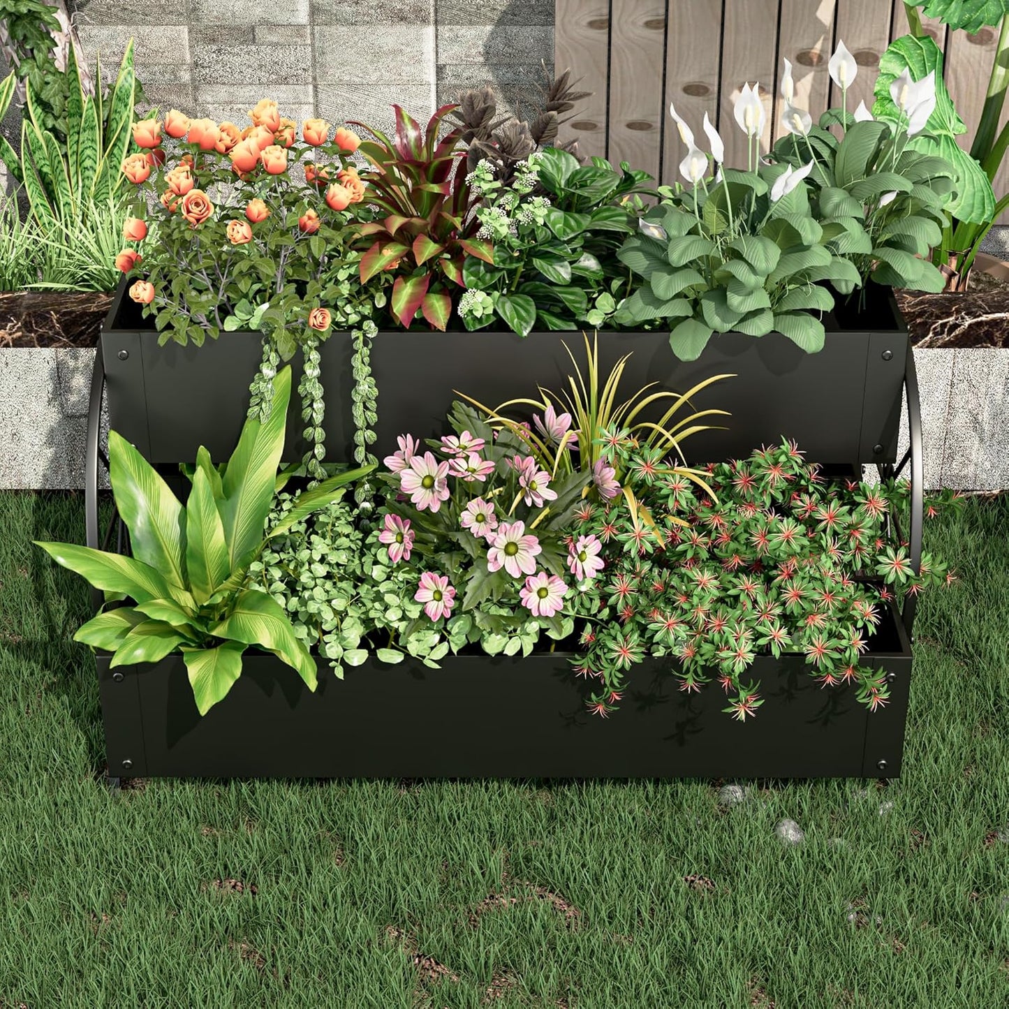 Metal Wagon Planter Box, 3-Tier Garden Planter with Wagon Wheels, Decorative Outdoor Planters for Flowers Herbs Vegetables, Flower Cart Small Raised Garden Bed for Patio, Balcony (Black)