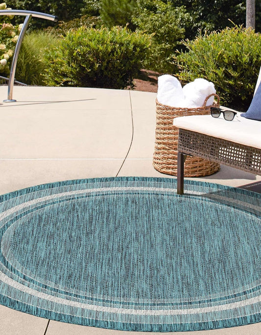 Unique Loom Outdoor Border Collection Area Rug - Soft Border (5' 1" Round, Teal/ Ivory)