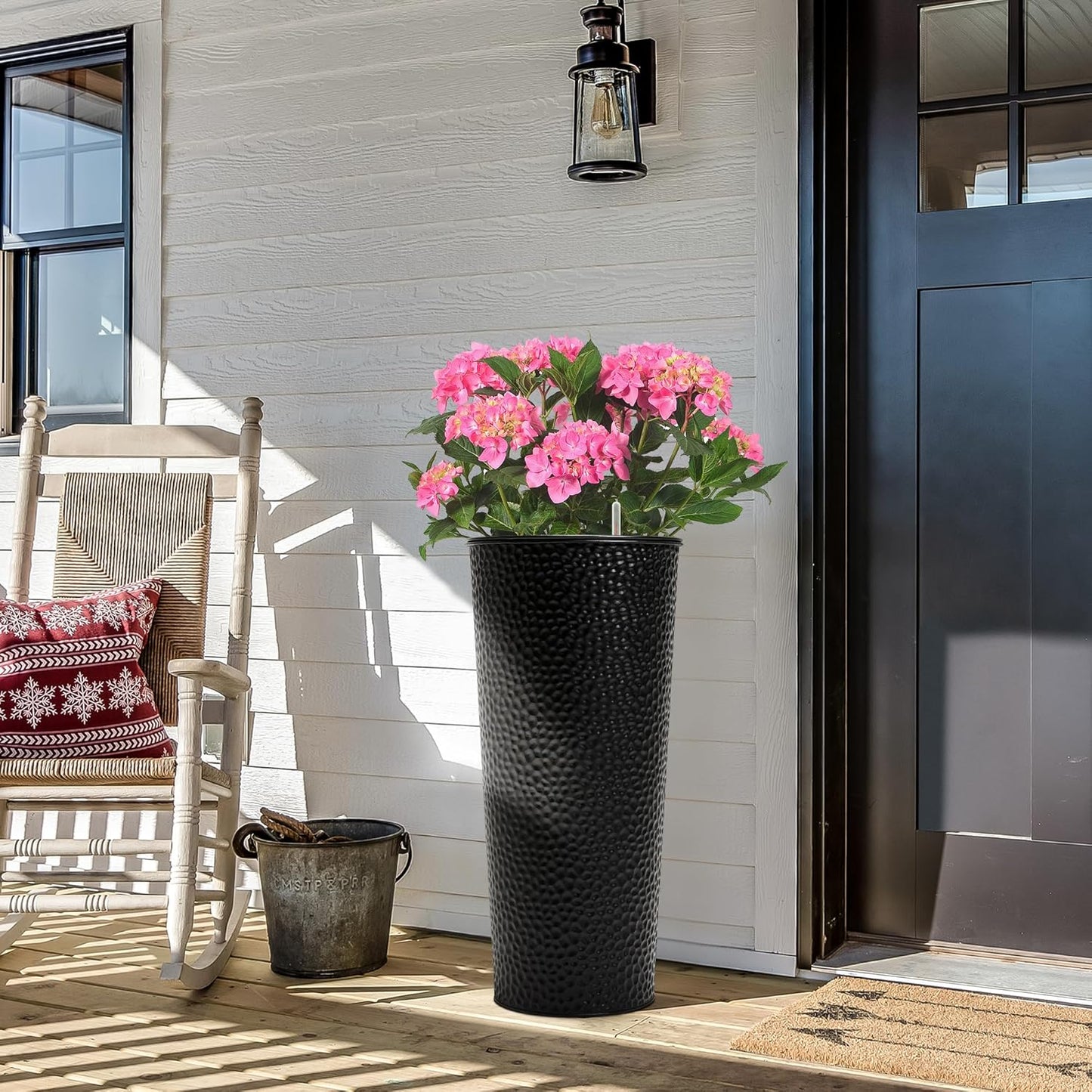 KOL 28" H. Tall Metal Cone Planters with Inside Pots 2-Pack, Black Hand-Hammered Large Decor Planter for Deck, Patio, Porch - Handcrafted Flower Pot - with Water Level Indicator - Indoor Outdoor Use