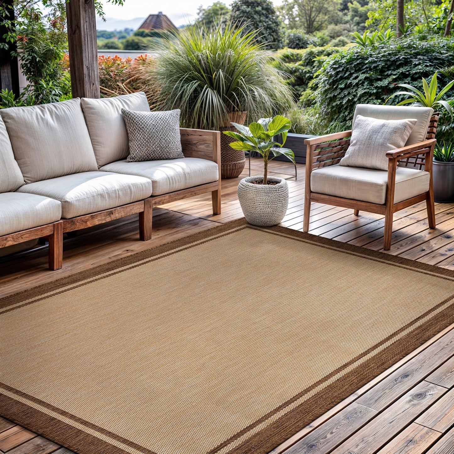 CAMILSON Outdoor Rug 6x9 Bordered Natural Brown Modern Area Rugs for Indoor and Outdoor Patios, Kitchen and Hallway Mats, Washable Porch Deck Outside Carpet (Border Jute, 6 x 9)