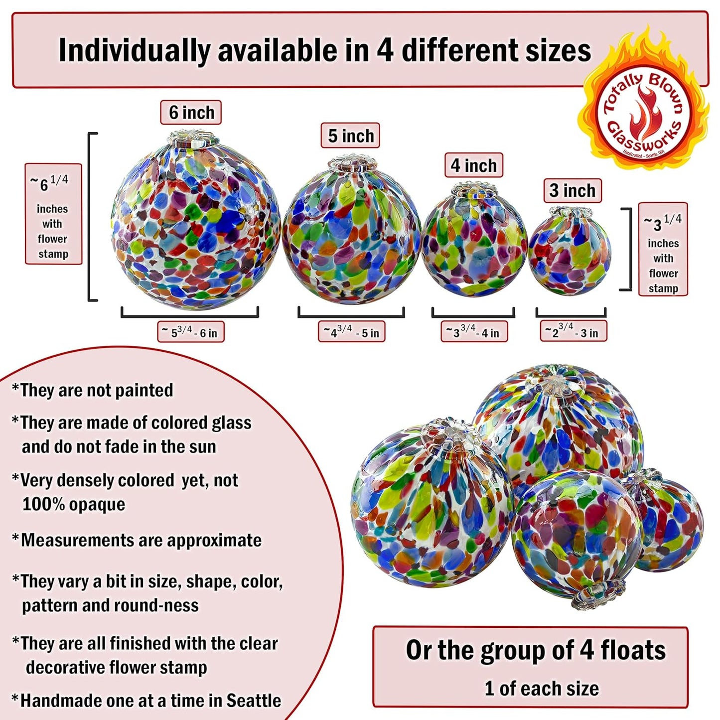 Pond Float. Handmade Blown Glass, Garden Gazing Ball, Table Centerpiece, Assorted sizes available. Home and Patio Decor. Artist Dehanna Jones. Seattle, WA. (White Rainbow MM)