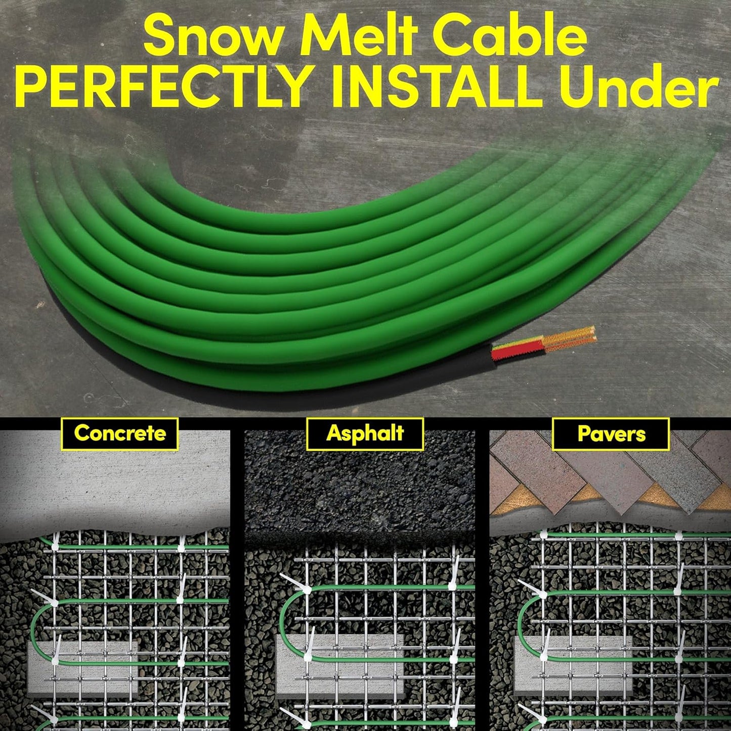 Electric Snow and Ice Melting Underground Cable 188 feet, Covers 62 sqft at up to 38 Watts/sqft, 240V – Radiant Heated Driveways, Walkways, Stairs – Installs Under Concrete, Asphalt, or Pavers