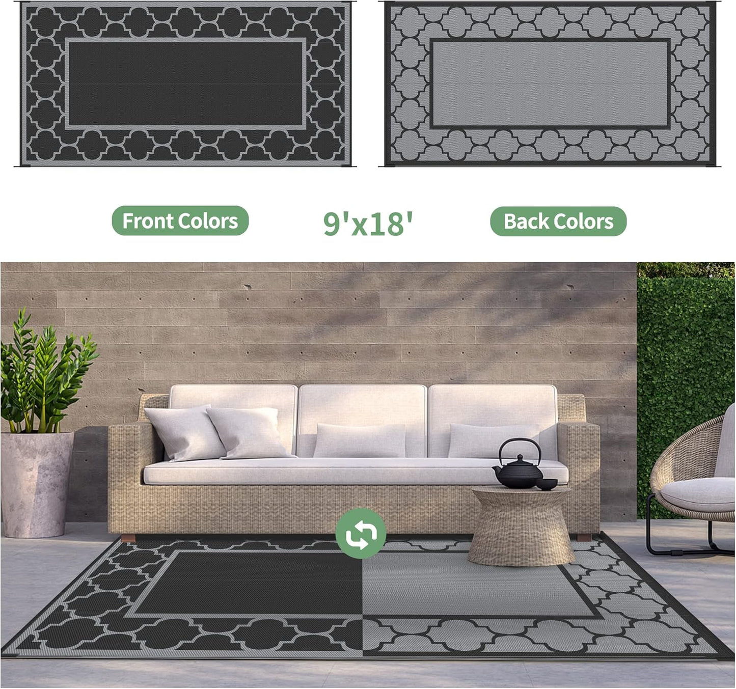 GENIMO 9' x 18' Outdoor Rug Waterproof for Patio, Foldable Reversible Plastic Straw Area Rugs Mat for Rv Decor, Outside Carpet for Camper, Deck, Picnic, Beach, Balcony, Porch, Black & Grey