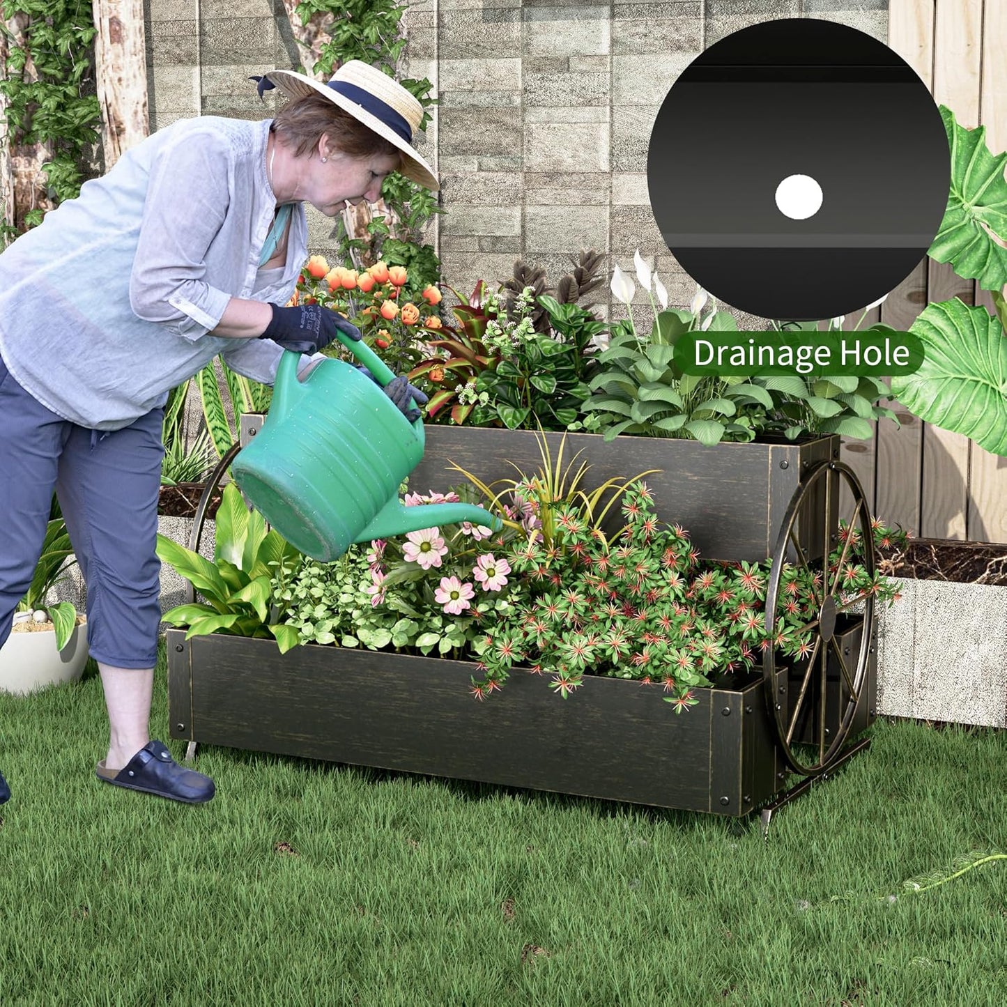 Metal Wagon Planter Box, 3-Tier Garden Planter with Wagon Wheels, Decorative Outdoor Planters for Flowers Herbs Vegetables, Flower Cart Small Raised Garden Bed for Patio, Balcony (Retro Gold)