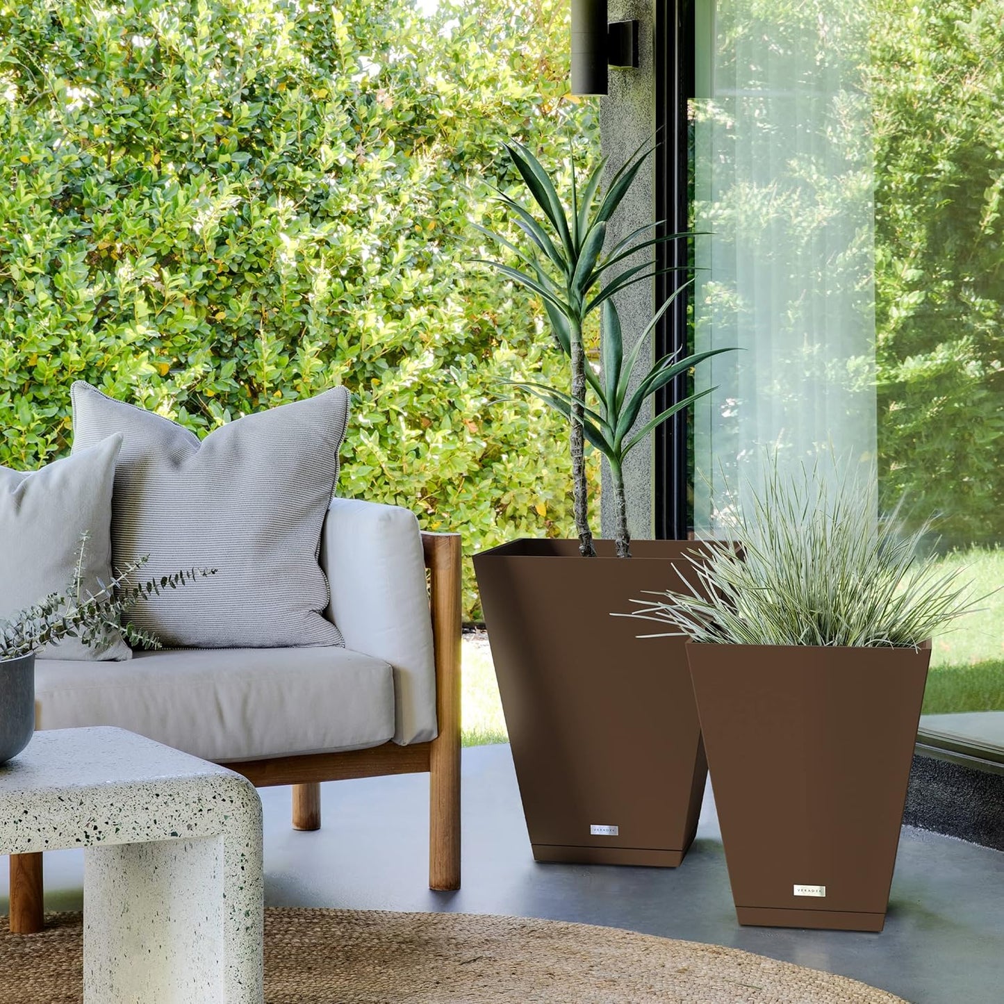Veradek Nobleton Indoor/Outdoor Wide Square Planter (Espresso, 18" - 2 Pack with 2 Saucer Trays)