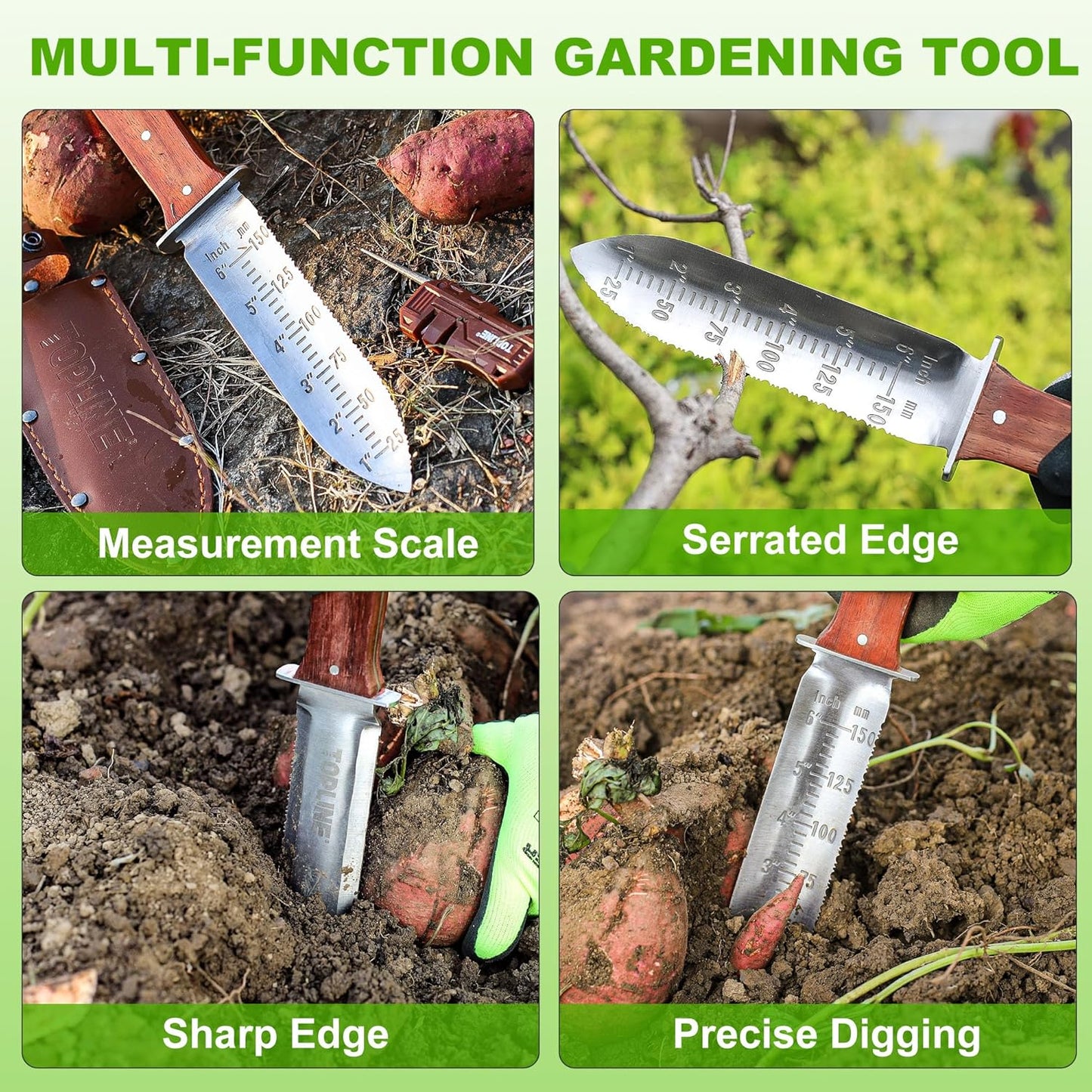 Topline Hori Hori Garden Knife, Double-edge Stainless Steel Blade, Garden Knife with Leather Sheath for Digging, Weeding, Planting, Sharpener, Sharpening Stone Included