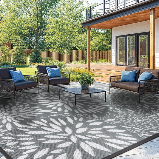 8'x10' Reversible Outdoor Rug - Eco-Friendly Plastic Straw Rug-Heavy-Duty Waterproof Mat, UV & Fade Resistant for Patio, Camping, RV, Deck, Balcony(8x10,Gray&Floral)