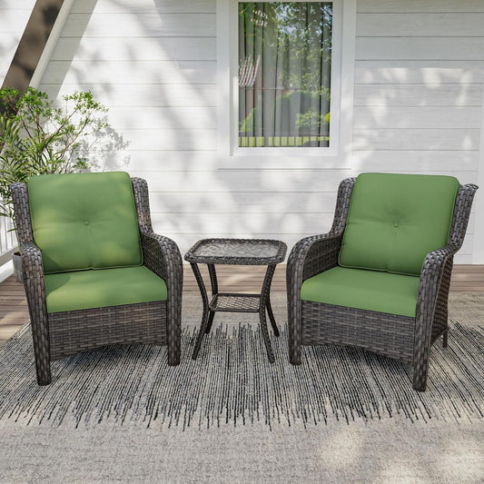 3 Pieces Outdoor Patio Chairs Set - Wicker Patio Conversation Sets with 1 Side Table, Olefin Fabric Cushions Suitable for Backyard Deck and Porch,Green