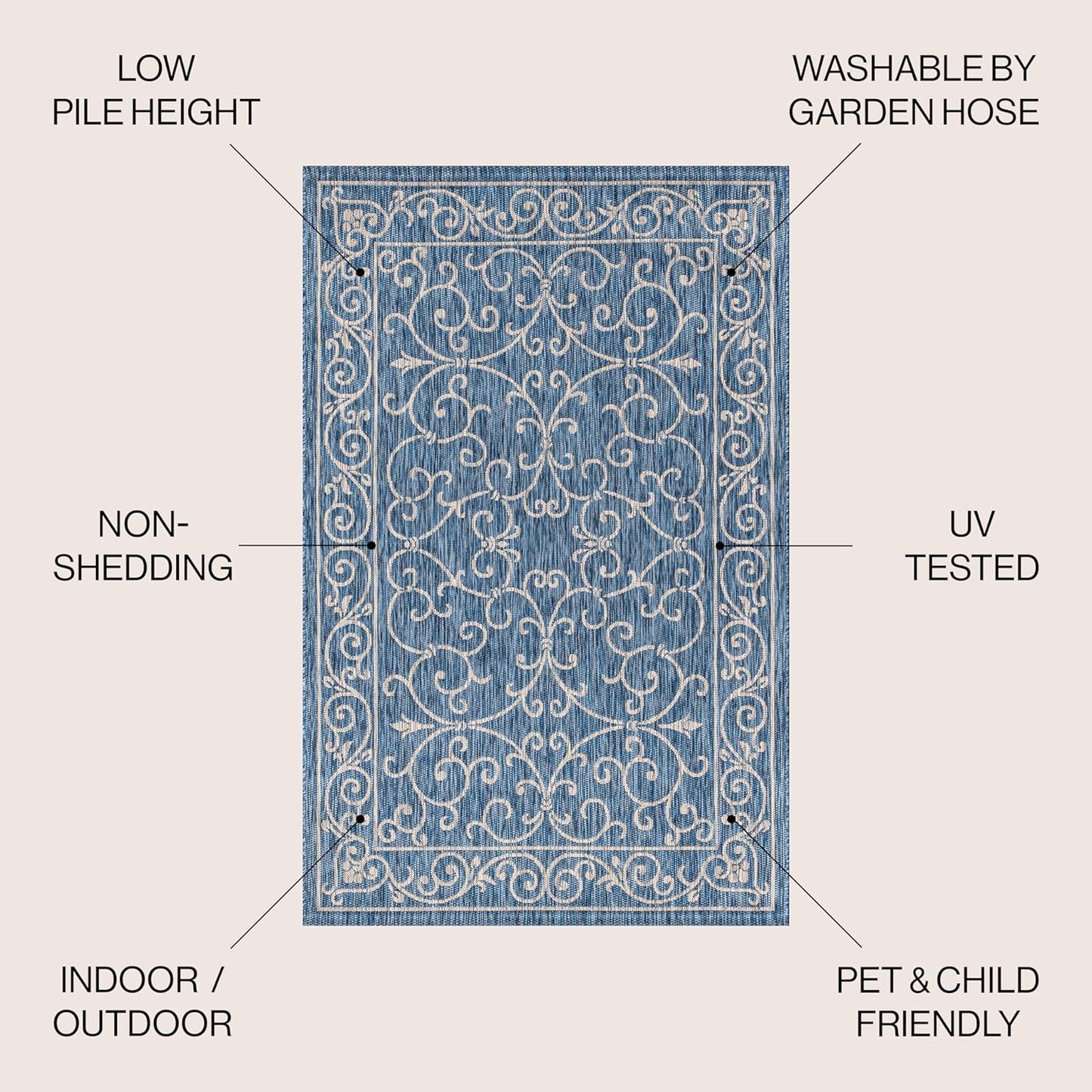 JONATHAN Y SMB106D-4SQ Charleston Vintage Filigree Textured Weave Navy/Gray 4' Square Indoor/Outdoor Area Rug, Pet Friendly, Non-Shedding, Stain Resistant, Easy-Cleaning for Backyard, Patio, Porch