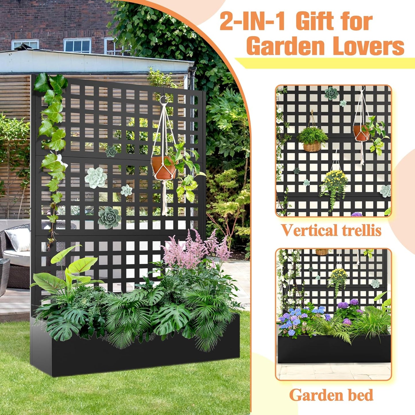 Metal Planter Box with Trellis & Wheels, Raised Garden Bed with Privacy Screen, Outdoor Standing Flower Beds with Drainage Hole for Climbing Plants, Vine, 47" Lx16 Wx71 H