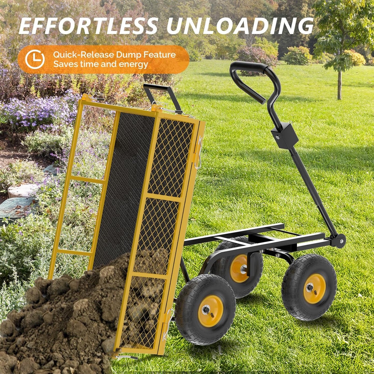 VINGLI Heavy Duty 880 LBS Mesh Steel Garden Cart, Dump Detachable Utility Wheelbarrow, Yard and Garden Wagon Cart with Removable Sides and 10 Inch Wheels(Yellow)