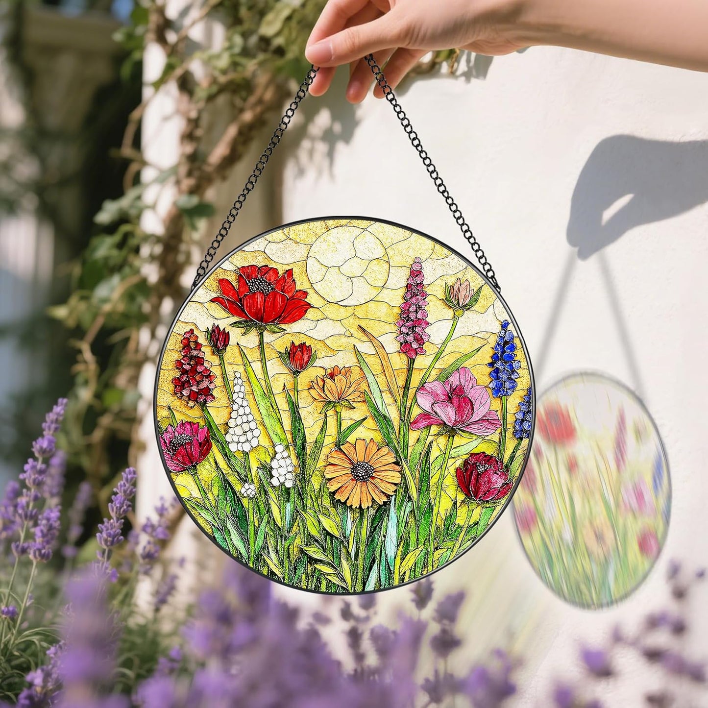 Stained Glass Window Hanging, 8 Inch Wildflower Stained Glass Suncatcher, Colorful Floral Window Hanging, Home Decor for Windows, Flower Lover Gifts, Garden Lover Gift, Gifts for Women, Mom, Grandma