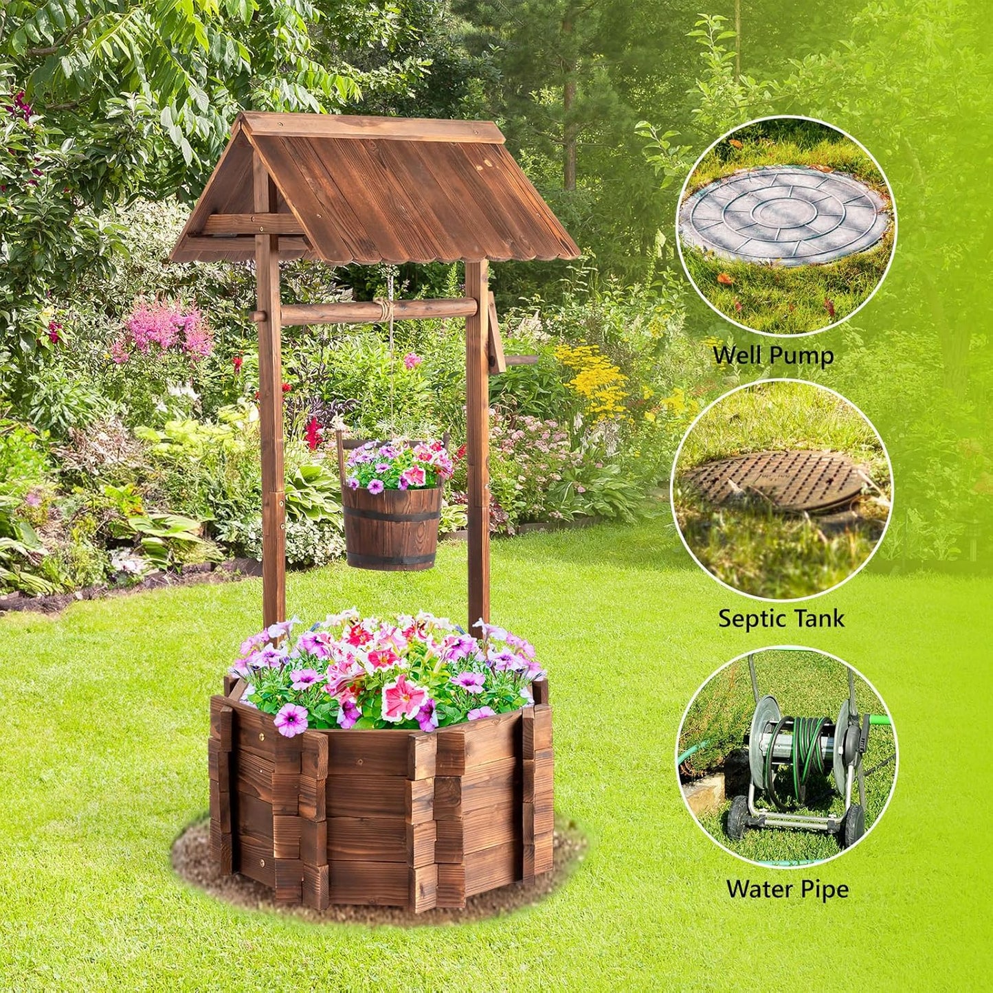 VINGLI Wooden Wishing Well Outdoor Planters, Well Covers for Yard with 2 Reinforced Rods, Height Adjustable Hanging Bucket, Rustic Flower Pot Home Decor for Outside Patio Garden