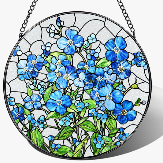 Stained Glass Window Hanging, 8 Inch Forget Me Not Stained Glass Suncatcher, Window Hanging Decor, Flower Sun Catchers, Gifts for Flower Lover, Birthday Gifts for Lover, Friend, Family, Teacher