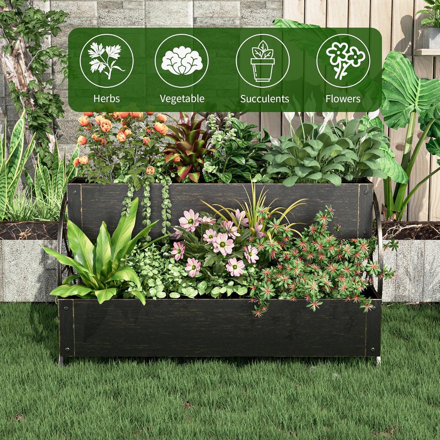 Metal Wagon Planter Box, 3-Tier Garden Planter with Wagon Wheels, Decorative Outdoor Planters for Flowers Herbs Vegetables, Flower Cart Small Raised Garden Bed for Patio, Balcony (Retro Gold)