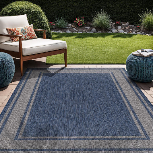 Beverly Rug Outdoor Rug 8x10 Modern Bordered Area Rugs for Indoor and Outdoor Patio Deck Porch Garden Waterproof Weather Sun Resistant Washable Outside Carpet (8 x 10 Navy)