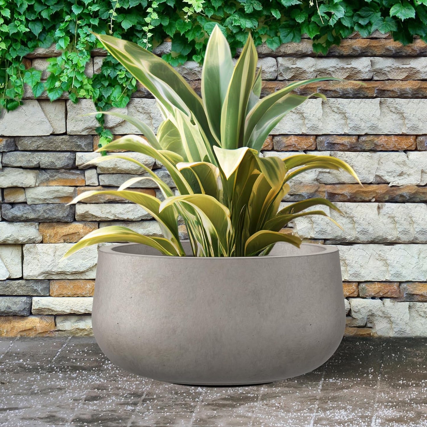 Kante 19.6" Dia Round Concrete Planter, Cement Plant Pots with Drainage Hole and Rubber Plug for Outdoor Indoor Garden Home, Modern Curvaceous Design, Weathered Concrete