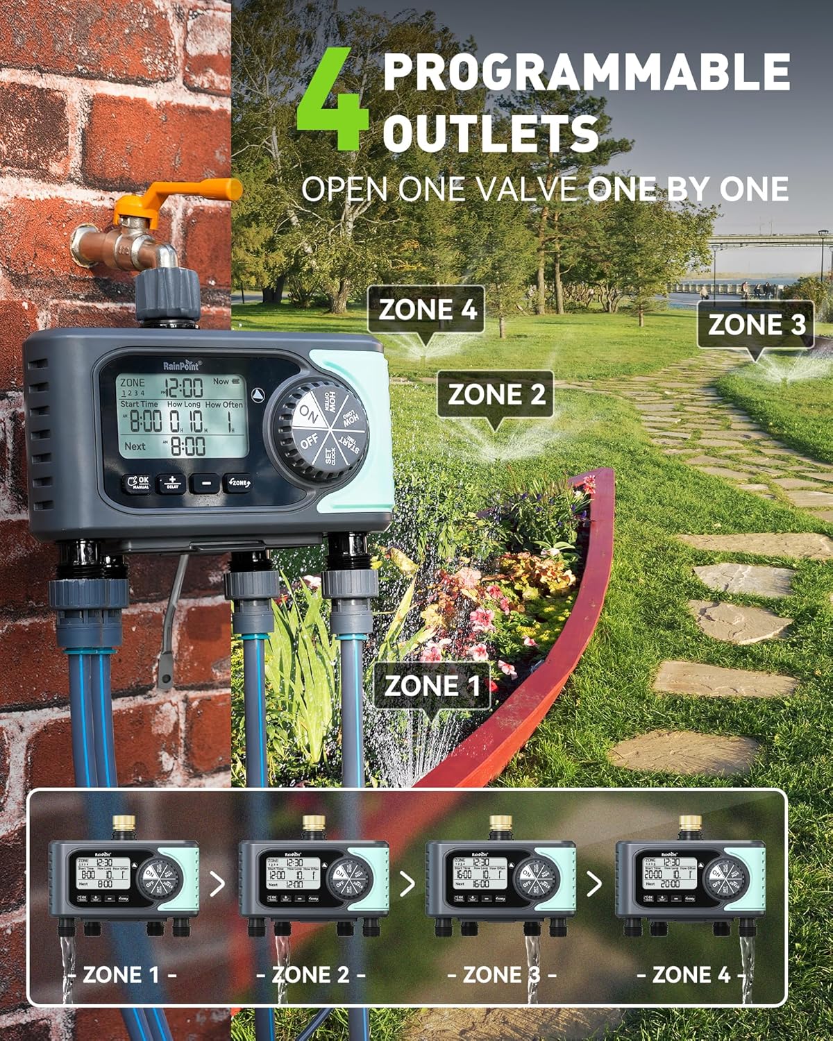 RAINPOINT Sprinkler Timer, 4 Outlets Hose Timers, 4 Zone Water Timer for Watering with Rain Delay/Manual/Automatic Timed Irrigation Controller System for Lawn