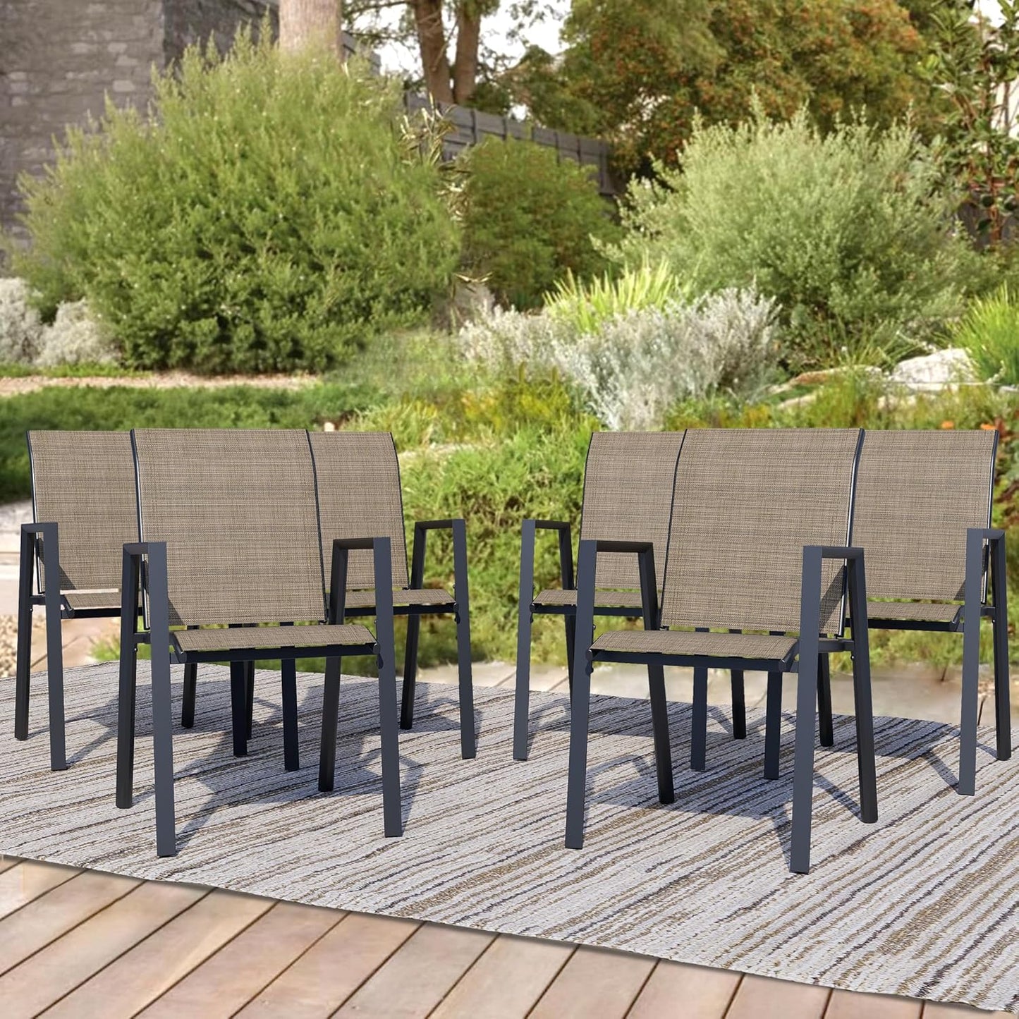 Outdoor Patio Chairs Set of 6, Mocha Stackable Outdoor Chairs, Lightweight Patio Set with High Back, Metal Dining Chair for Lawn, Garden, Yard and Deck