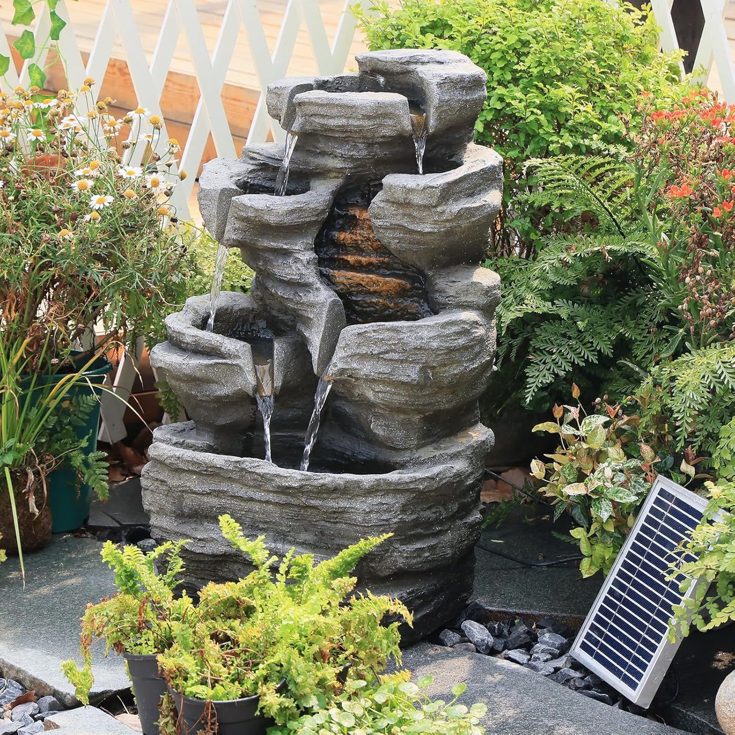 6-Tier Solar Water Fountain Outdoor, 24.4" H Cascading Rock Feature Garden Fountains and Waterfalls with Light, Pump, Solar Panel for The Patio, Deck, Porch, Backyard Home Décor, Stone Gray