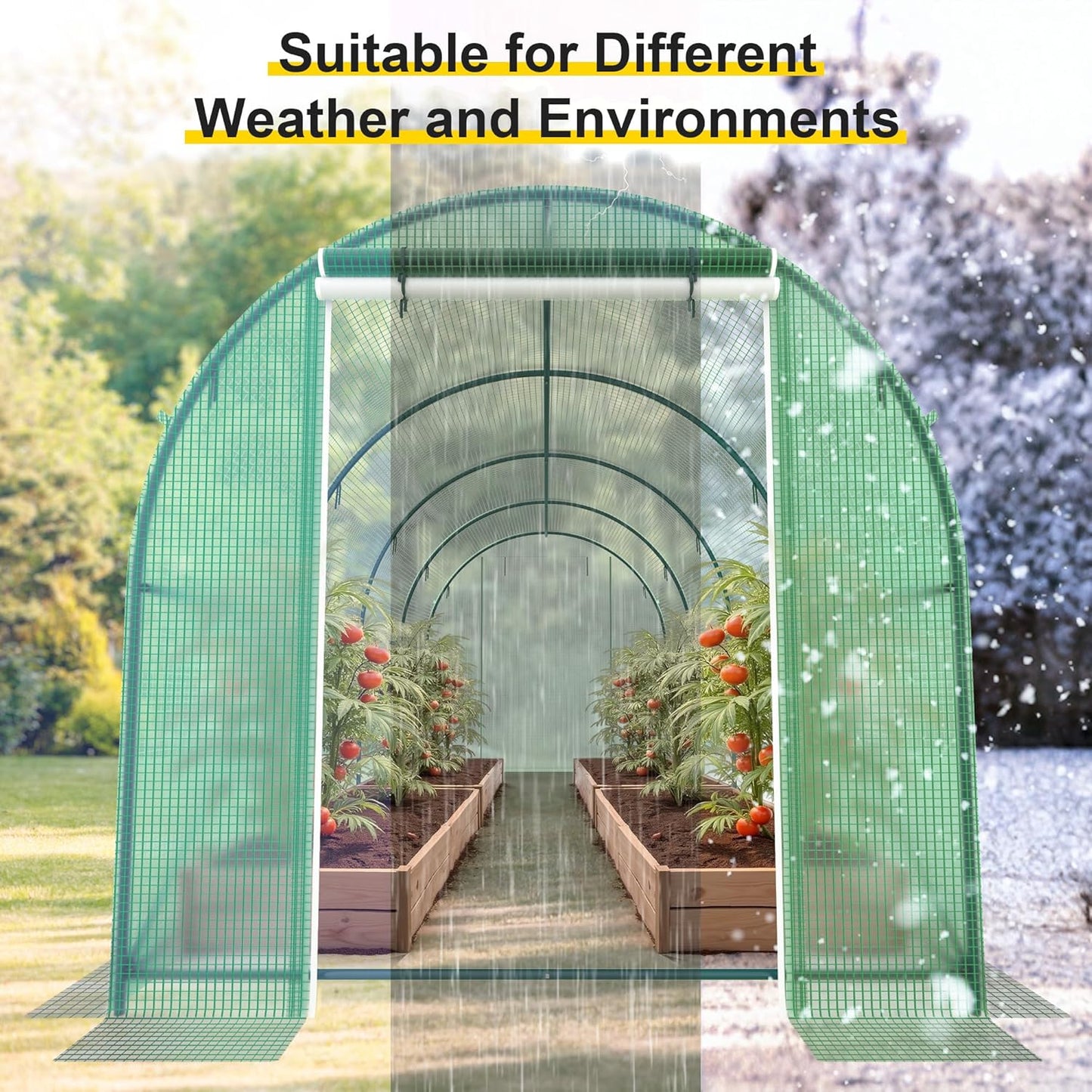 Greenhouse, 15’x7’x7’ Walk-in Greenhouse Heavy Duty Tunnel Green House with 6 Ventilated Mesh Windows & Zippered Roll-up Door, Large Plant Garden Hot House Outdoor with Reinforced Frame