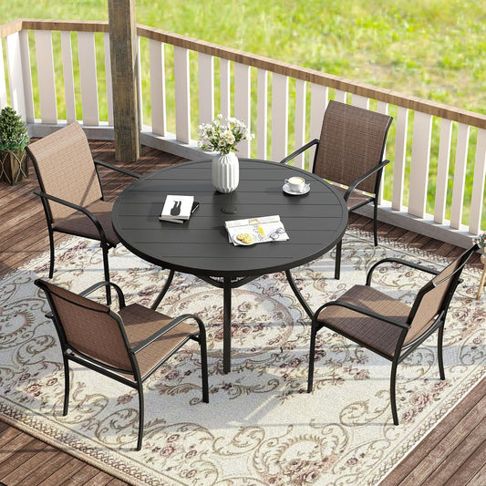 VICLLAX 5 Pieces Patio Dining Set for 4, Outdoor Furniture Set Includes 40.7" Round Patio Table and 4 Patio Stackable Chairs, Black Tabletop and Brown Fabric