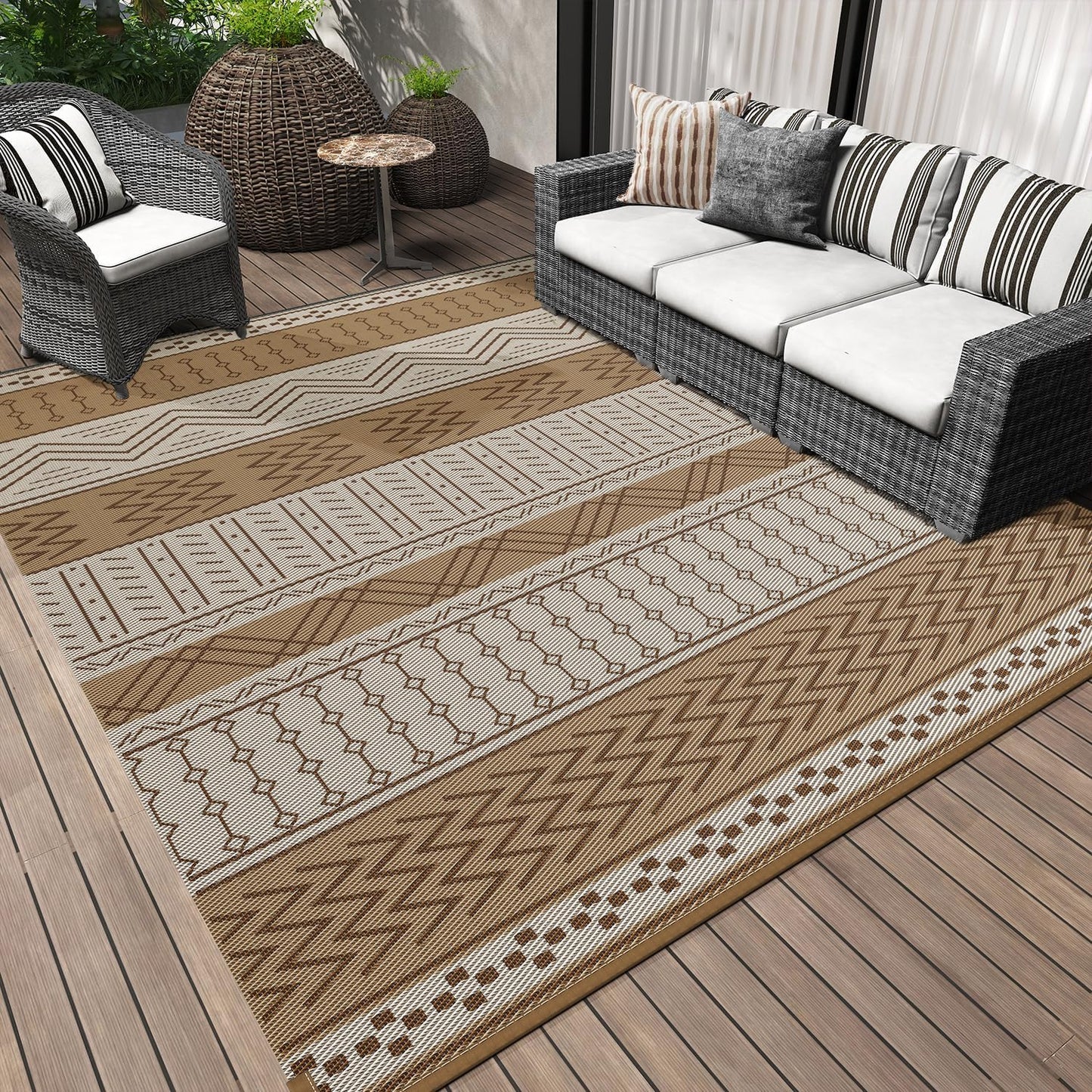 Outdoor Rug Carpet Waterproof 5x8 ft Patio Rug Mat Indoor Outdoor Area Rug for RV Camping Picnic Reversible Lightweight Plastic Straw Outside Rug for Patio Decor Decoration Boho Rug Brown Beige