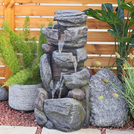 Water Features Outdoor Patio 6-Tier Cascading Rock Water Fountain 31.5''Water Fall Fountain Outside Resin Fountain with Light Mossy Rock Floor Garden Fountain Indoor for Relaxation Home Decor