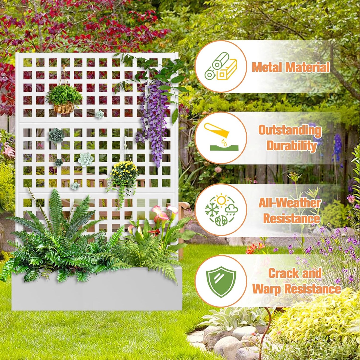 Metal Planter Box with Trellis & Wheels, Raised Garden Bed with Privacy Screen, Outdoor Standing Flower Beds with Drainage Hole for Climbing Plants, Vine, 47" Lx16 Wx71 H