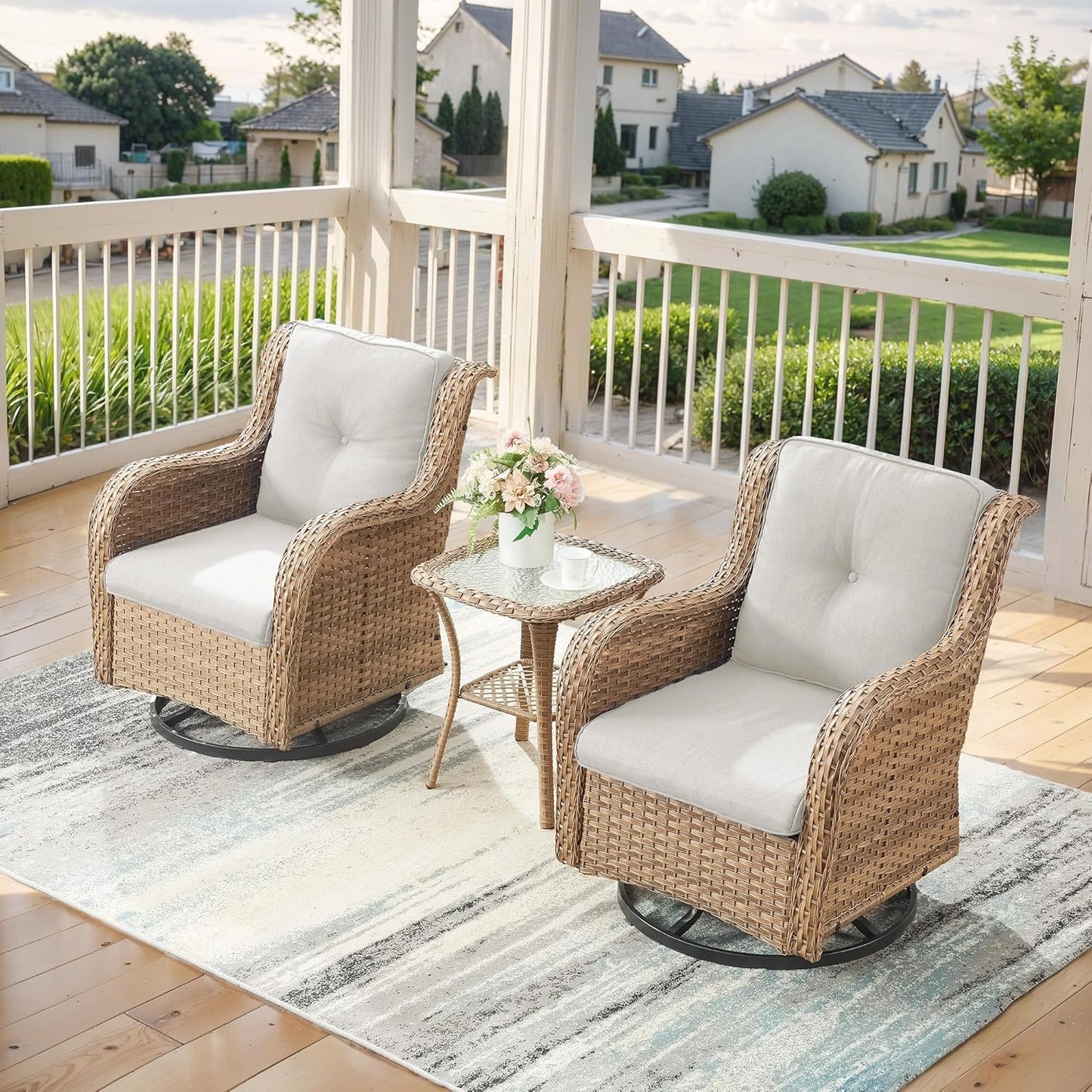 Outdoor Swivel Rocker Patio Chairs - 360 Degree Swivel Glider Seating 350LBS Weight Capacity 3 Piece Wicker Rocking Chairs Set with Side Table for Porch Balcony Deck, Yellow/Beige
