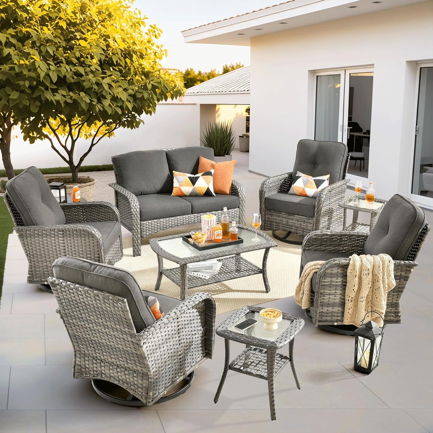 ovios 8 Pieces Patio Furniture Set, Outdoor Wicker Sofa with Swivel Chairs, Coffee Table, All Weather High Back Rattan Loveseat Couch with Comfy Cushions, Black