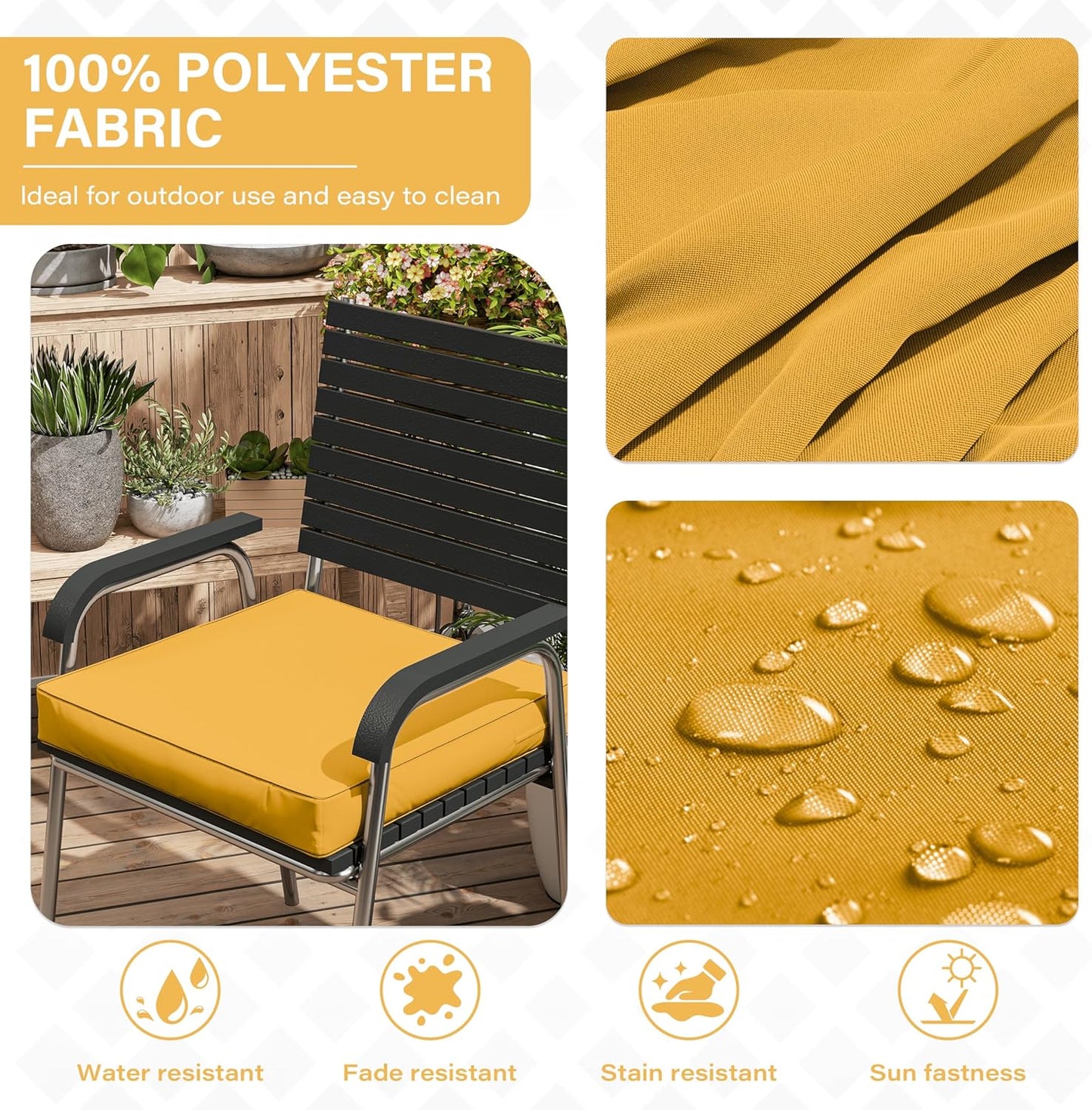 Patio Chair Cushions 17 X 16 X 3 Inch Waterproof Outdoor Seat Cushions for Patio Furniture, Outdoor Sofa Couch Pads with Ties & Handle, Set of 2, Yellow