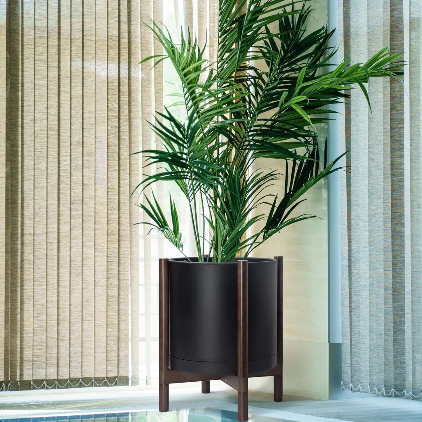 D'vine Dev Planter Pot with Stand - 16 Inch Plastic Cylinder Flower Pot with Wood Planter Holder for Indoor, Matte Black Pot + Walnut Color Stand, 55-C-X-2