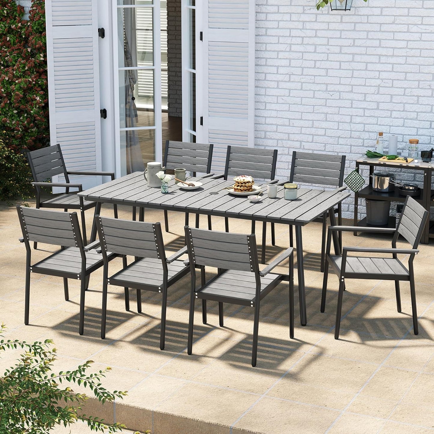 Aluminum 70 Inch Patio Outdoor Dining Table for 6, Umbrella Hole & Wood-Like Top, All-Weather Deck & Backyard Table