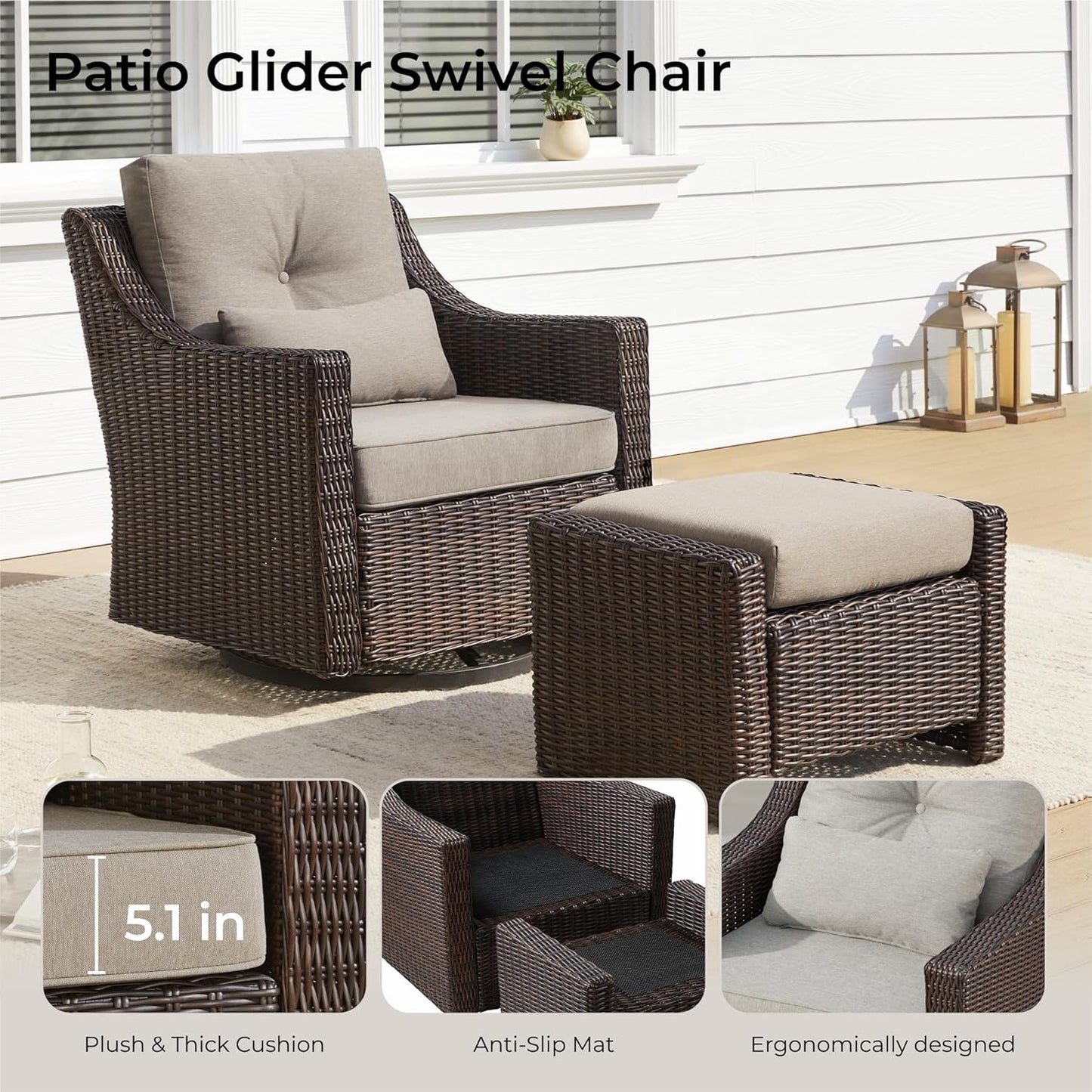 CHITA 3 Pieces Wicker Patio Bistro Set, Outdoor Furniture Set with 2 Pieces Rattan Rocking Swivel Chairs, Thickened Cushions and Side Table