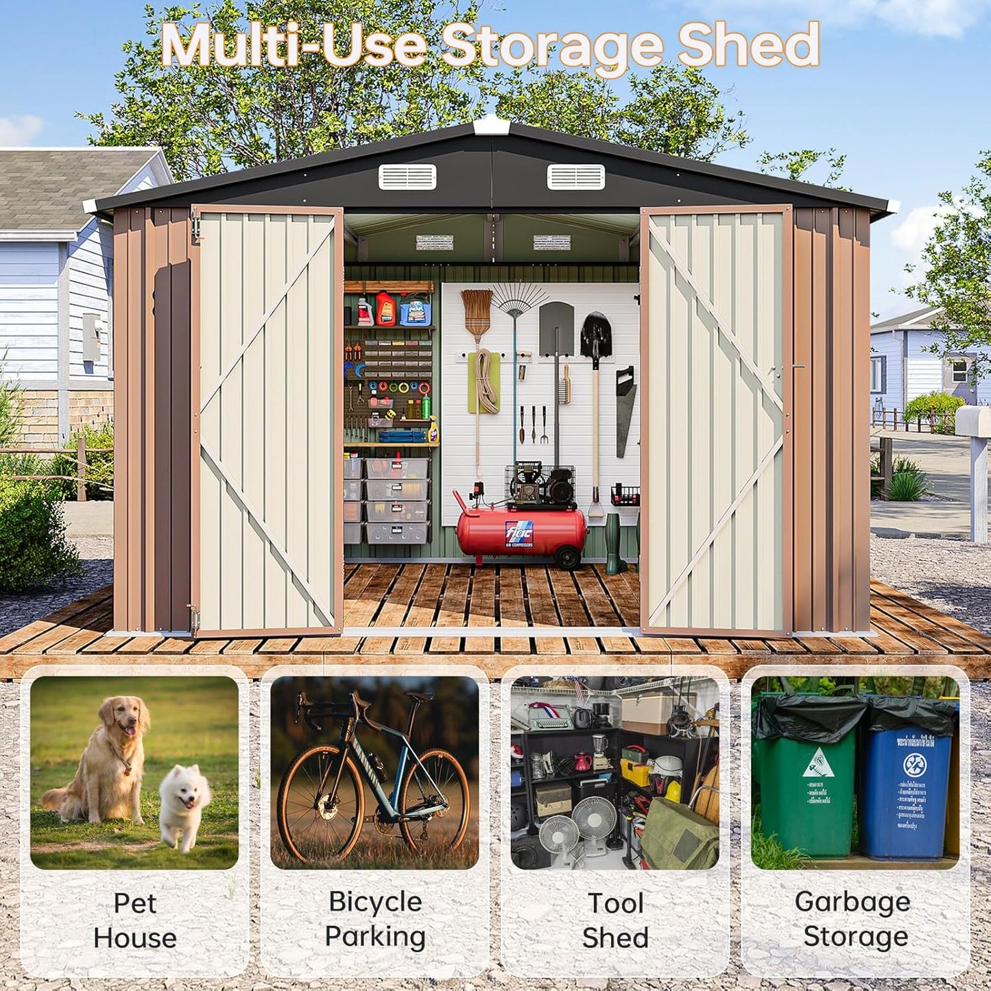 10x10 FT Outdoor Storage Shed, Utility Steel Tool Shed with Lockable Door and Air Vents, Galvanized Metal Shed for Garden Backyard Patio Lawn (10'x10', Brown)