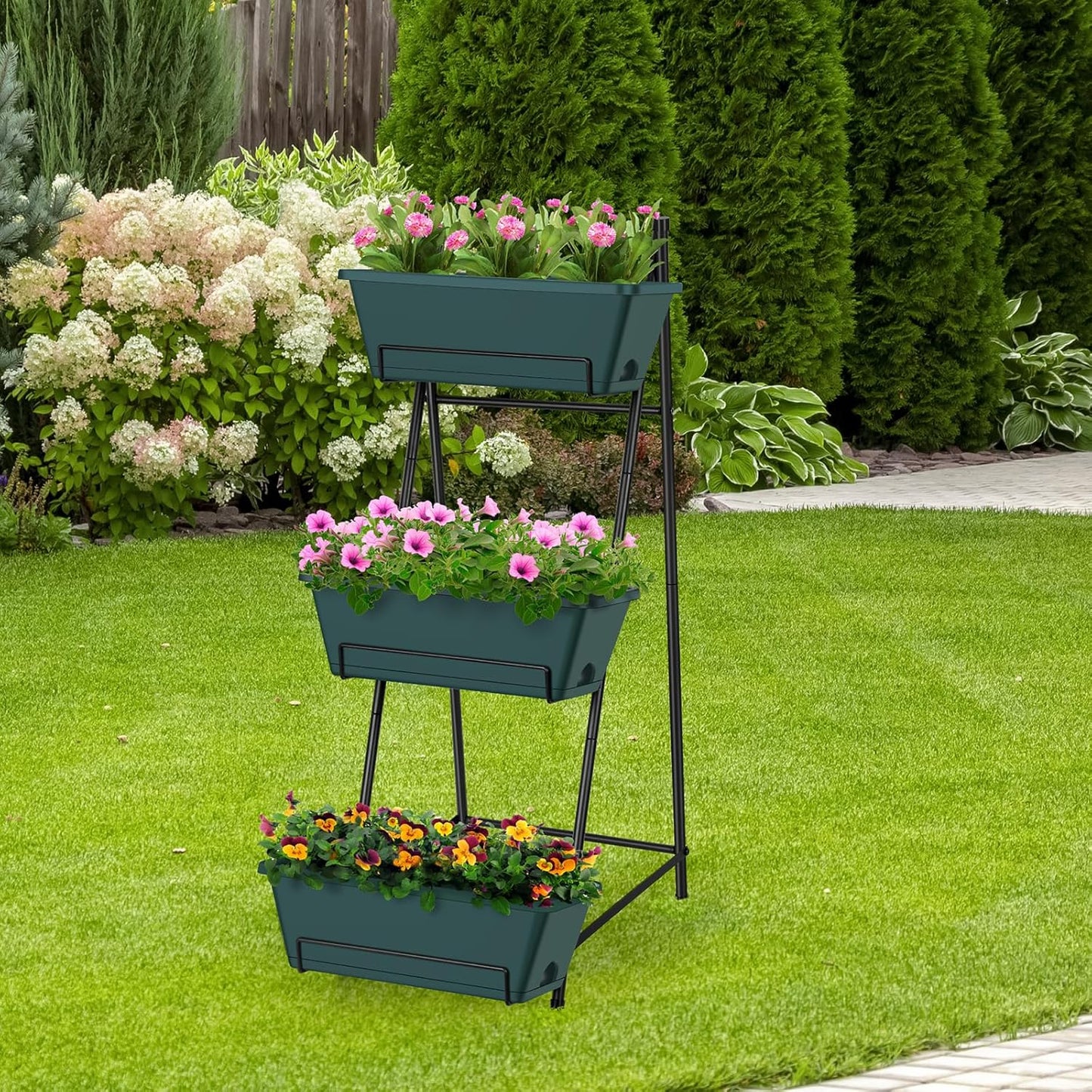 Raised Garden Bed 3 Tier Vertical Garden Planter Standing Garden Bed Planter Box Outdoor Herb Planter with Drainage Holes Removable Tray for Patio Balcony Porch Green