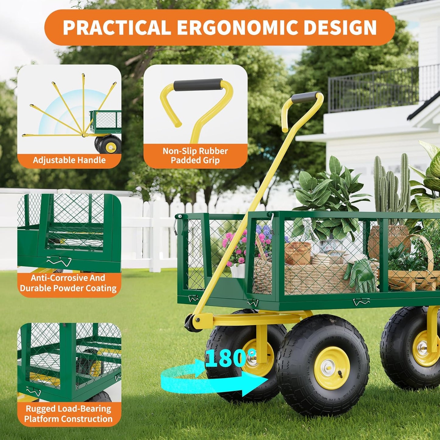 900 Lbs Garden Wagon, 2-in-1 Heavy-Duty Steel Garden Cart, with 10 Inch All-Terrain Tires and Removable Mesh Side Panels, 180° Rotating Handle, Metal Multi-Function Carts, Outdoor Gardens Wagon Cart