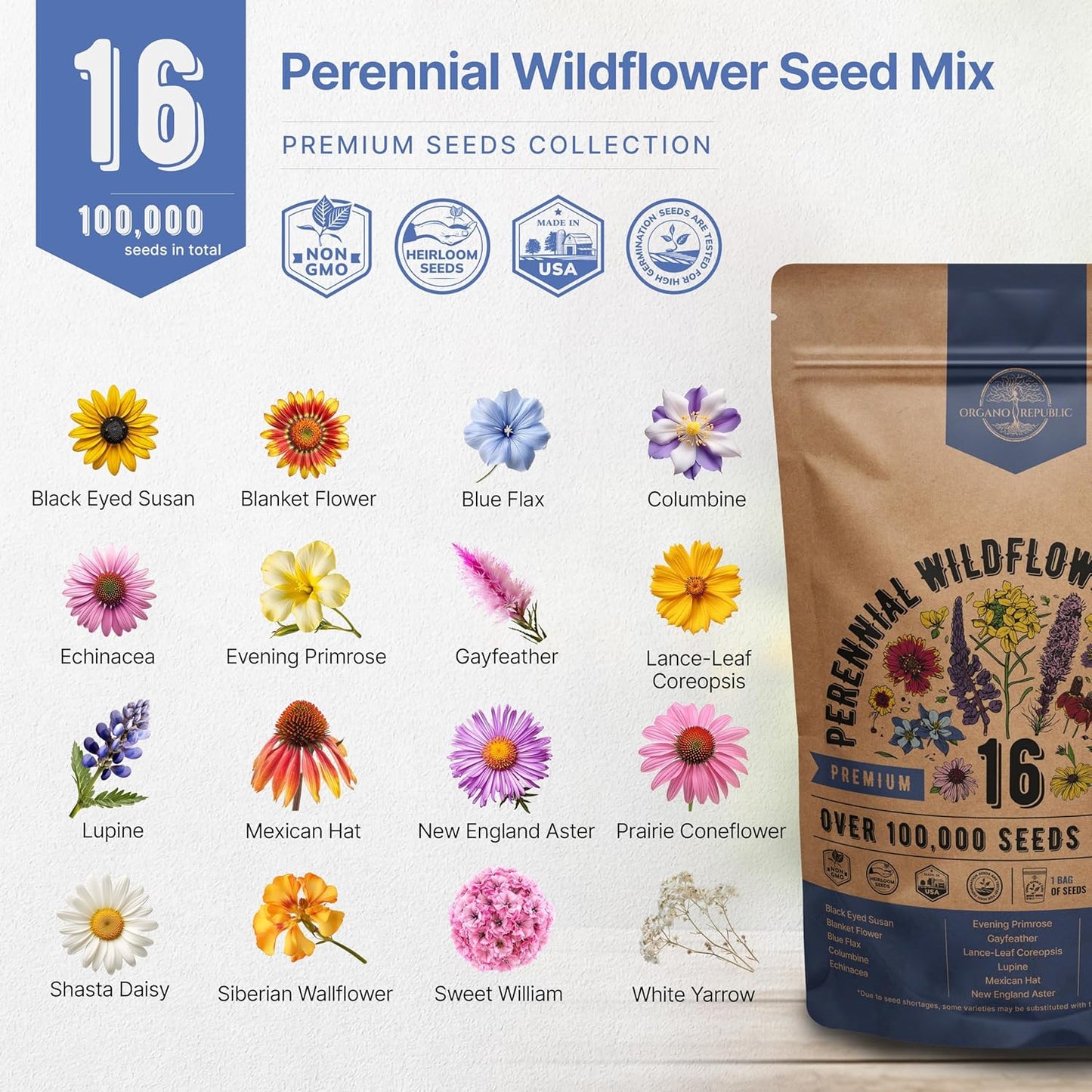 Organo Republic 16 Perennial Wildflower Seeds Mix for Indoor & Outdoors. 100,000+ Non-GMO, Heirloom Wildflower Garden Seeds, 4oz Packet for Growing Wild Flowers to Attract Bees, Butterflies & Birds