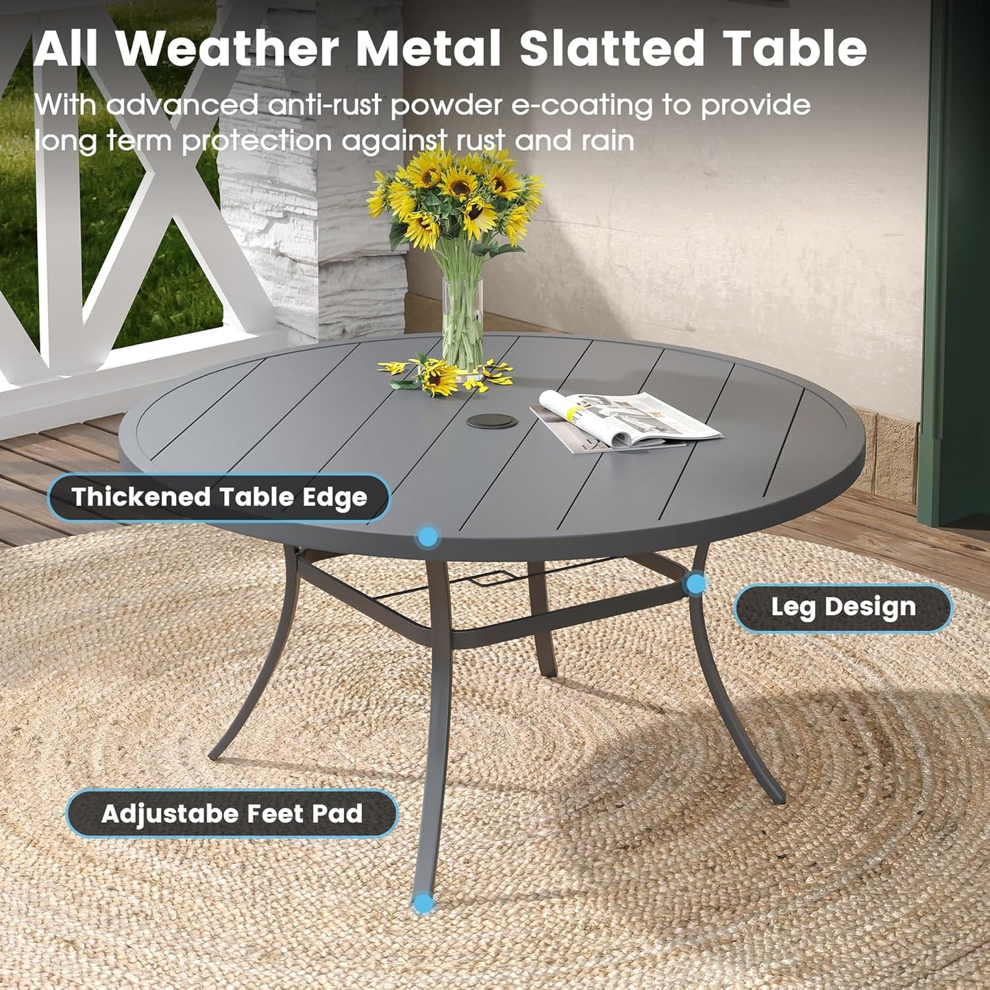 DIFY Patio Round Dining Table, 53" All Weather Round Outdoor Table with 1.57" Umbrella Hole for 8 Person, Perfect for Yard, Balcony and Lawn, Grey