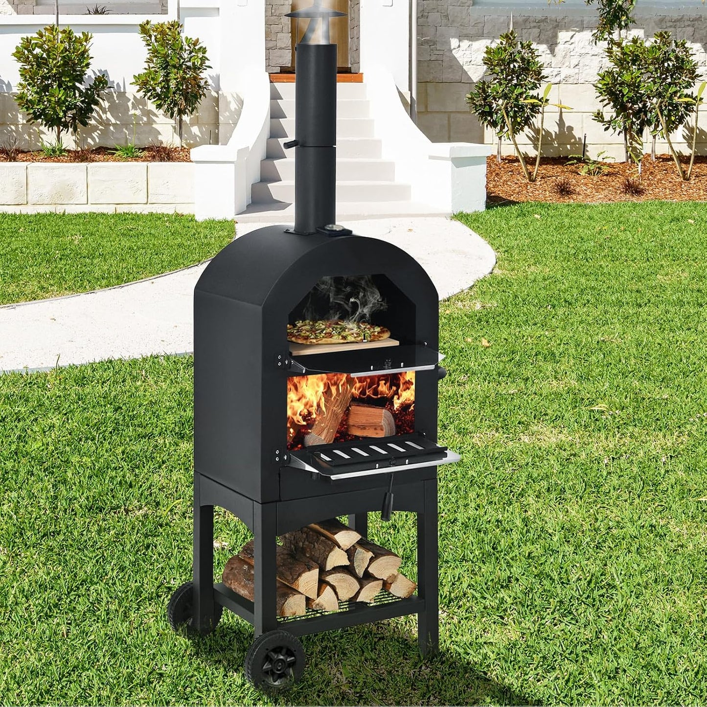 Happygrill Outdoor Pizza Oven Wood Fired, Portable Pizza Maker Grill w/Stone, Peel, Cooking Grids, Built-in Thermometer, Waterproof Cover, Wheels for Barbecue Backyard Camping