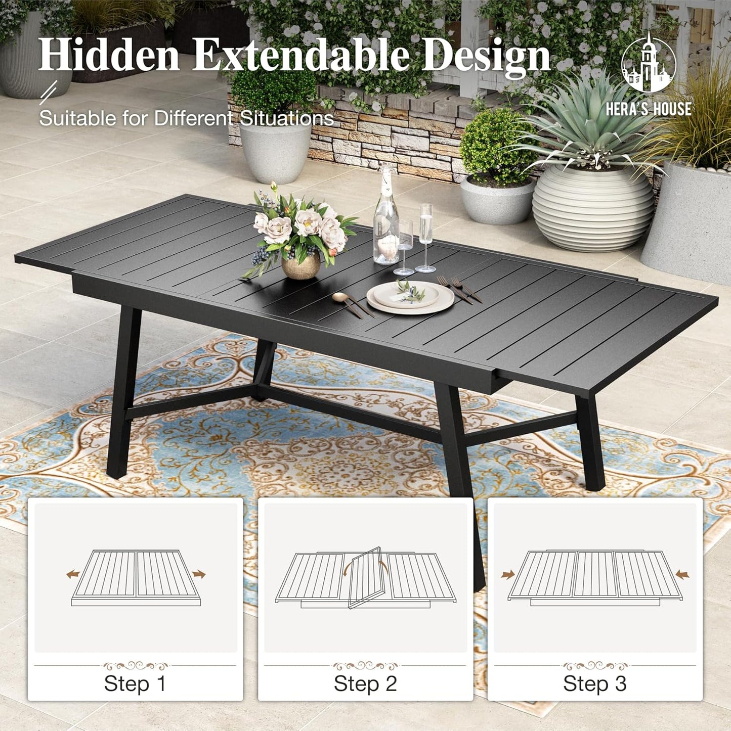 HERA'S HOUSE Extendable Patio Table and Chairs Set for 8, 9 Pieces Outdoor Dining Sets, 61"-84" Rectangular Metal Table with Chairs for Deck Lawn Garden Porch