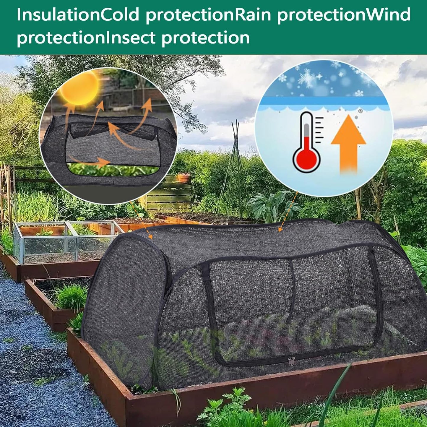 Garden Cover for Raised Flower beds, Plant Protection Hoods and Garden mesh Tents - 70% Sun-Blocking Shade Cloth with Metal pegs and Roll-up Zipper Door,safeguarding Plants from Birds