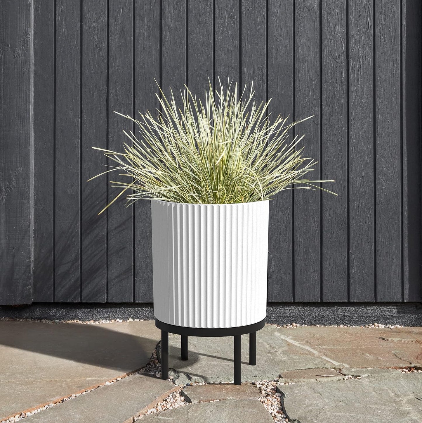 Veradek Demi Series Round Planter w/ Stand for Porch/Patio | Durable Plastic-Concrete & Wooden Stand | Modern Décor for Tall Plants, Flowers