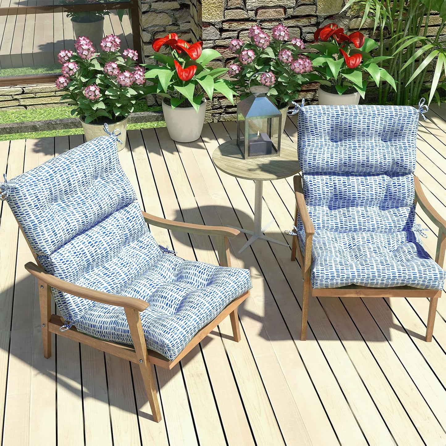 LVTXIII Outdoor High Back Chair Cushions, Seasonal Replacement Adirondack Chair Cushion with Ties, Patio Waterproof Seat Cushions for Home Garden Use (22” W x 20” D, Set of 2, Pebble Blue)