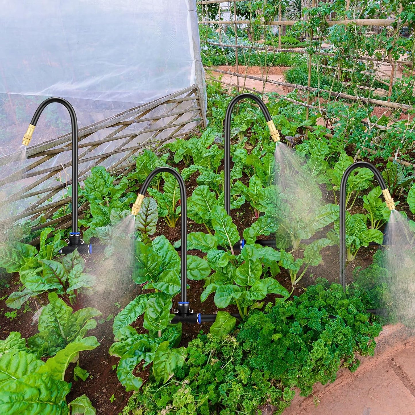 Zonon 10 Pcs Brass Misting Nozzles Tee with 16 Inch Built in Hose 360 Degree Rotation Adjustable Water Mister Nozzles Thread Sprayer 0.043" Misting Parts and Accessories for Patio Outdoor Cooling